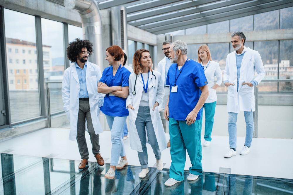 Group of doctors walking in hospital